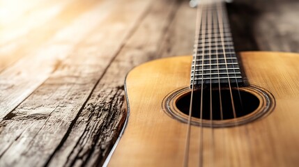 Fototapeta premium Close up view of an acoustic guitar resting on rustic wooden surface : Generative AI