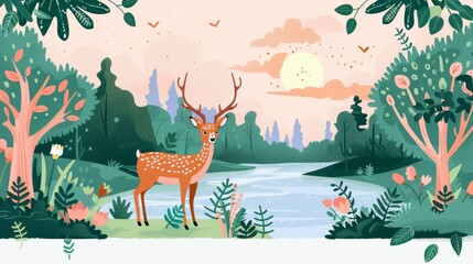 Obraz premium Serene artwork featuring a deer in a reflective lake, framed by vibrant foliage, majestic mountains, and a warm setting sun.