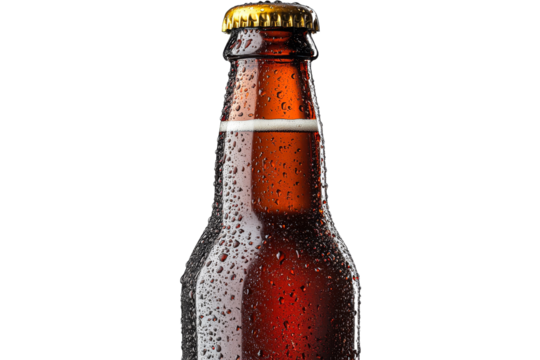 Refreshing cold beverage in a glass bottle with droplets