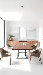 Fototapeta premium Modern Dining Room Interior with Wooden Table and Contemporary Furniture Featuring Minimalist Design and Natural Light