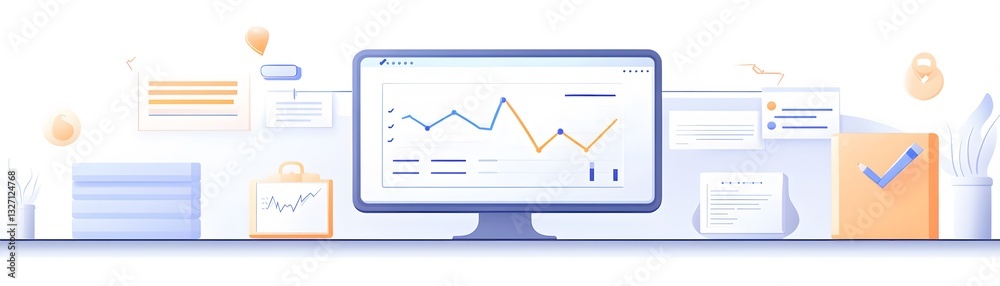 Poster a modern workspace with a computer displaying analytical data, symbolizing productivity and decision