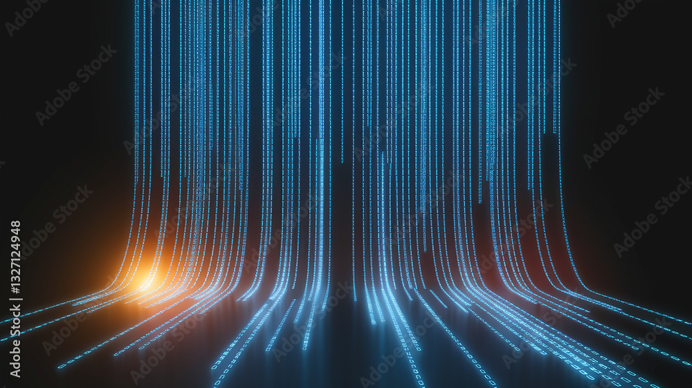 Poster abstract digital art showing blue glowing binary code cascading downwards, creating a futuristic, te