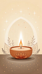 A beautiful candle lit with a warm and golden flame, perfect for a spiritual or religious festival celebration.