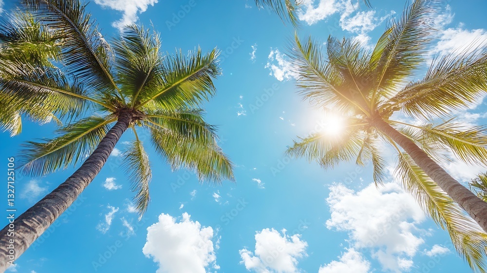 Wall mural palm trees against bright blue sky with fluffy clouds and vibrant sunlight streaming through : gener