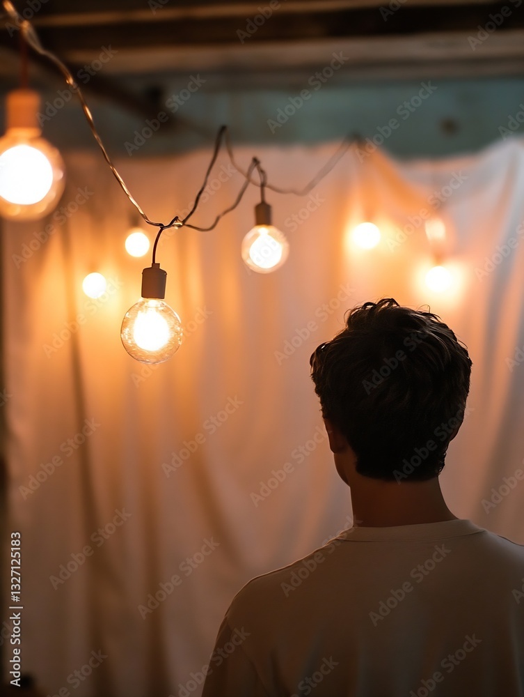 Poster man gazing at hanging vintage light bulbs creating a cozy and warm atmosphere in a dimly lit room : 