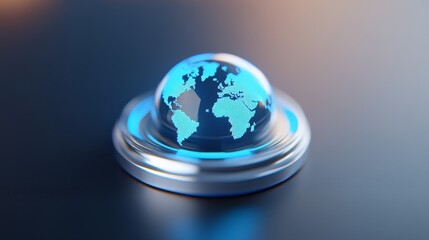 A 3D globe design illuminated in blue, featuring continents and a sleek base, symbolizing global connectivity and technology.