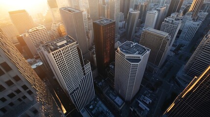Obraz premium Stunning Aerial View of Skyscrapers Bathed in Golden Sunset Light Over a Busy Urban Cityscape : Generative AI