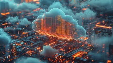 Futuristic Cloud Computing Cityscape: Digital Transformation and Innovation