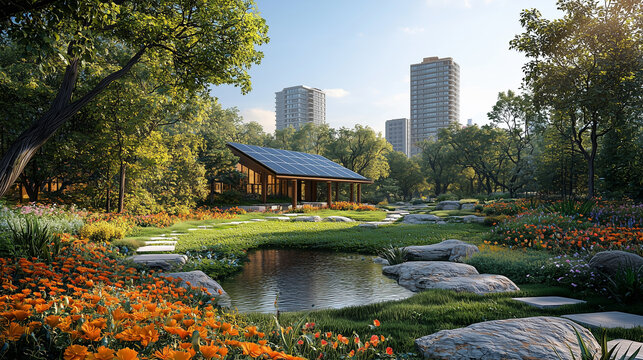 Solar panels generating electricity in city park, modern building background Sustainable development green earth emphasize on environmental conservation, climate change using clean energy Illustration