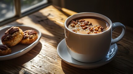 A warm maple pecan coffee with a rich syrupy flavor and a sprinkle of crushed pecans on top The drink is served in a white ceramic mug