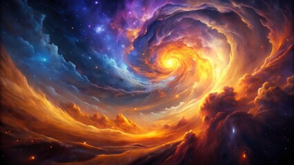 Fiery Nebula Cosmic Landscape: Digital Painting of Swirling Orange and Purple Nebula