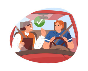 Driver at car during lesson or driving exam. Vector road test poster with green checkmark. Cartoon placard for driving school and learners license, motorist training. Instructor assessment. Coaching.