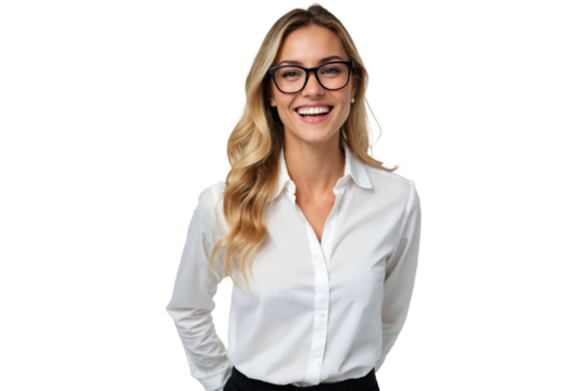 Portrait of a smiling young businesswoman wearing glasses, isolated on transparent background