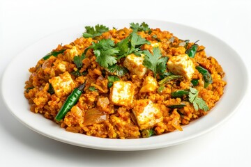 Fototapeta premium Delicious and Spicy Paneer Bhurji with Fresh Cilantro and Green Chilies on White Plate Close Up Still Life