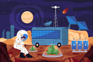 Mars base or red planet colony. Vector illustration of space colonization or first galaxy settlement with greenhouse and water. Cosmonaut at universe outpost on exploration mission. Spaceman journey. © Elegant Solution