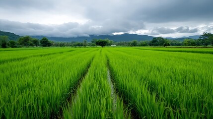 Fototapeta premium Vibrant green rice fields stretching under a cloudy sky in a picturesque rural landscape : Generative AI