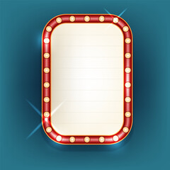 Wall retro board with lights. Vector vintage sign for advertising or entertainment show. Illuminated signboard for cinema or broadway. Casino decoration element with lamp. Signage and promotion.