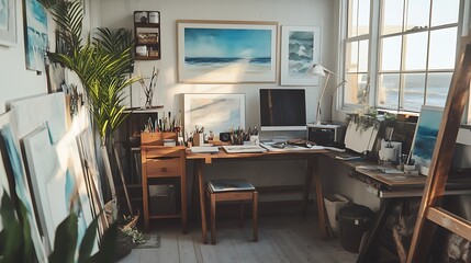 Artist Studio Interior with Paintings, Desk, and Ocean View