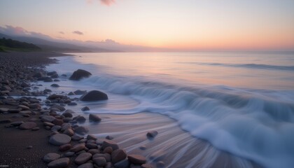  Serene Beach at Dawn with Smooth Waves and Smoothed Pebbles
