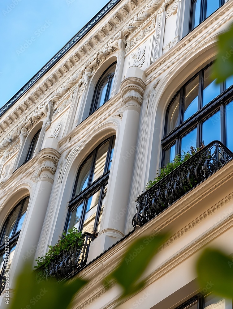 Poster architectural closeup of elegant building facade showcasing intricate details and stylish balconies 