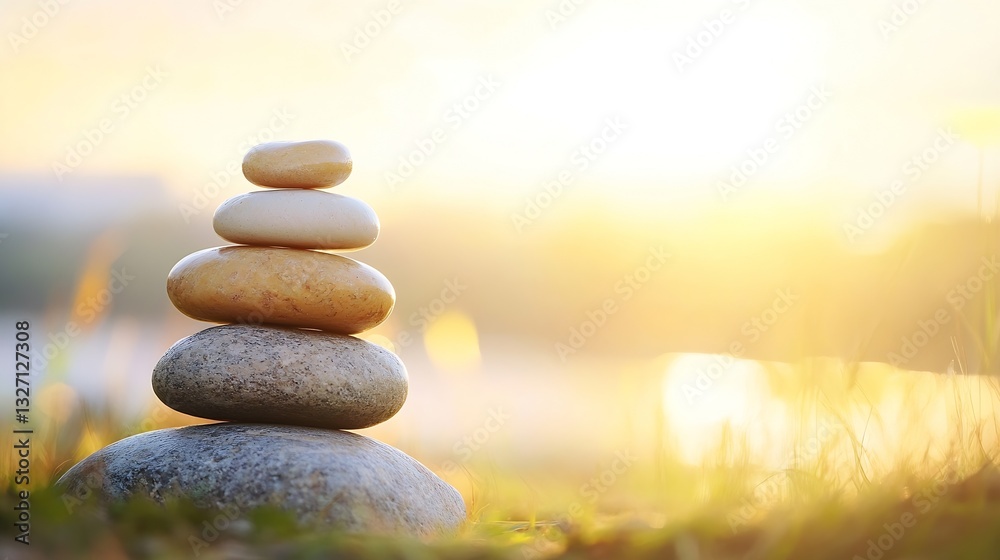 Leinwandbilder serene stack of smooth stones symbolizing harmony and balance at sunrise with a soft glowing backgro