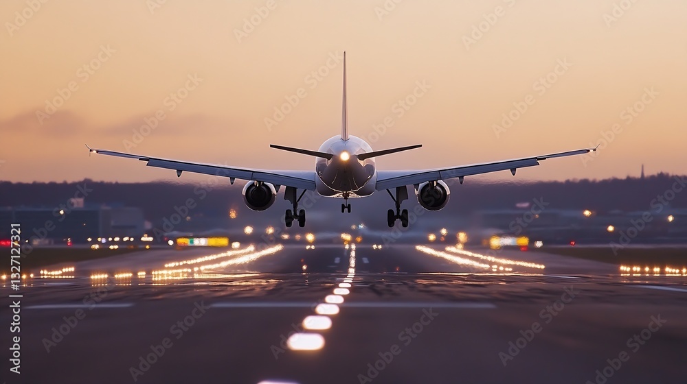 Poster airplane landing on a runway during a beautiful sunset : generative ai