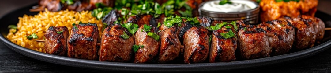 Grilled Lamb Kebabs with Rice Pilaf and Yogurt Dip on a Platter. Generative AI