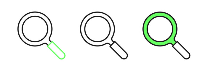 Set line Magnifying glass icon isolated on white background. Search, focus, zoom, business symbol. Vector