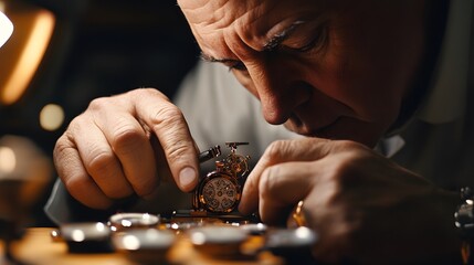 A skilled watchmaker meticulously repairs and assembles intricate watch components under warm lighting, showcasing the art of precision in horology and craftsmanship.