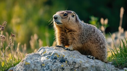 A ground squirrel perched on top of a rock, looking around cautiously