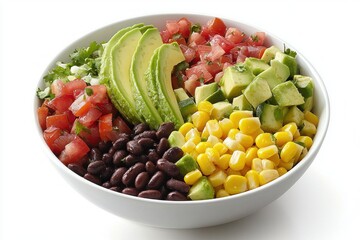 Vibrant avocado black bean corn and tomato salad bowl offers freshness and healthy lifestyle balanced colorful diet