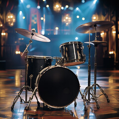 Obraz premium Drum Kit on Stage Against a Dark Background Illuminated by Spotlights