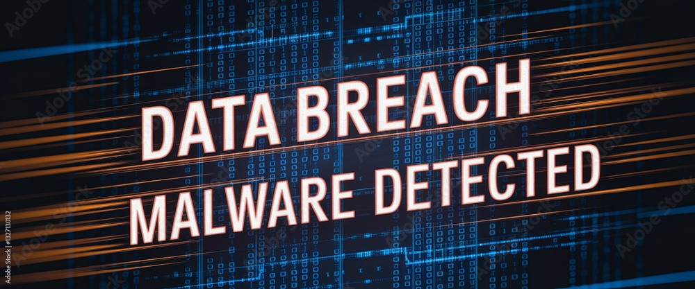 Poster digital illustration depicting data breach and malware detection, shown with binary code and streaks