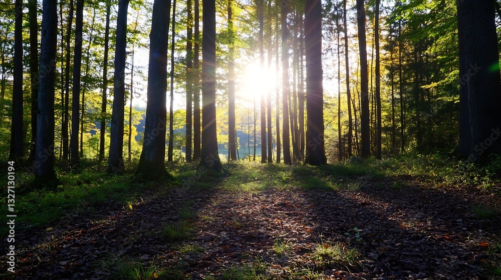 Aufkleber Sunlight pouring through trees in a vibrant green forest creating stunning patterns on the ground : Generative AI