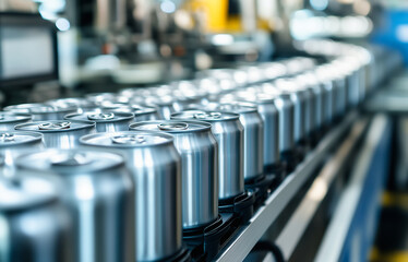Aluminum beverage cans are moved along an automatic factory line on a conveyor belt during soft drinks production