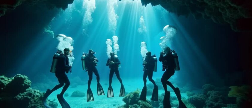 A group of people are scuba diving in a cave