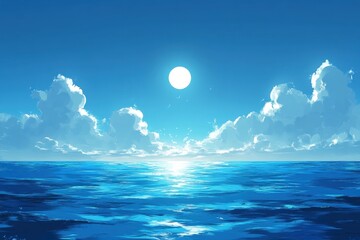 Serene ocean view with clouds and bright sun reflecting on the water creating a tranquil atmosphere and a sense of vastness and peace