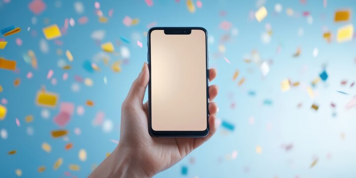 Celebratory mobile phone display vibrant background digital content festive environment close-up view modern technology