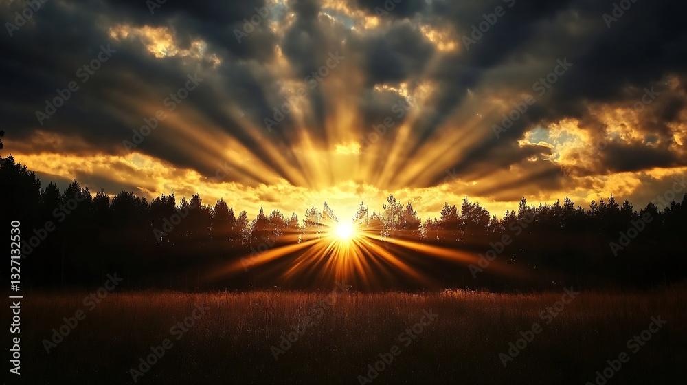 Poster Dramatic sunset shining through clouds illuminating a field with rays of light in the distance : Generative AI