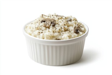 Creamy mushroom risotto presented in elegant white ceramic bowl on clean background  closeup shot delightful food photography