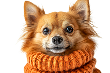 Cute dog wearing an orange sweater with a cozy look