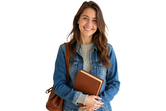 Smiling young student girl with book isolated on transparent background