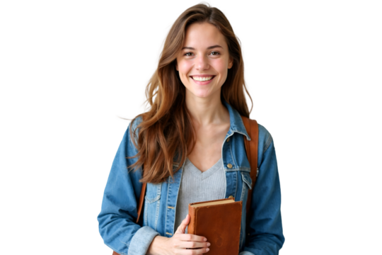 Smiling young student girl with book isolated on transparent background