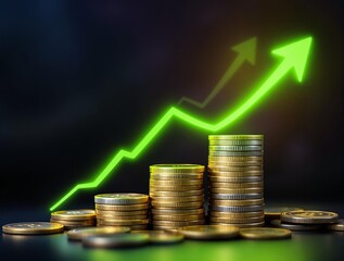Financial Success Concept: A Stack of Coins with a Rising Green Arrow Representing Profit and Growth