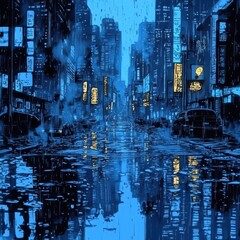 A rainy neon lit urban city street reflected in puddles