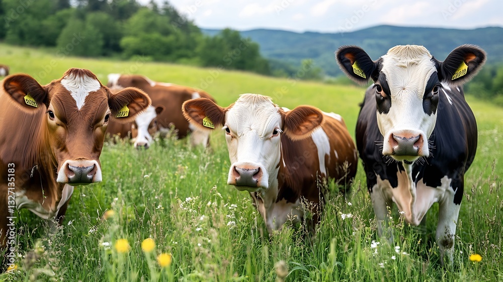 Poster group of dairy cows grazing in a lush green field with hills and lush vegetation in the background :