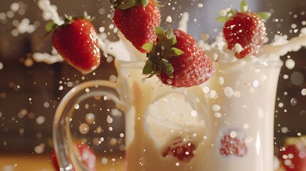 fresh red strawberry falling down in to the glass milk making a big splash. Strawberry falls into glass. Fresh strawberries splashing into milk.