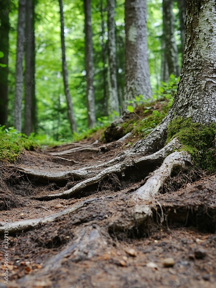 Aufkleber Scenic view of a tranquil forest path lined with tree roots surrounded by lush greenery and sunlight peeking through branches : Generative AI