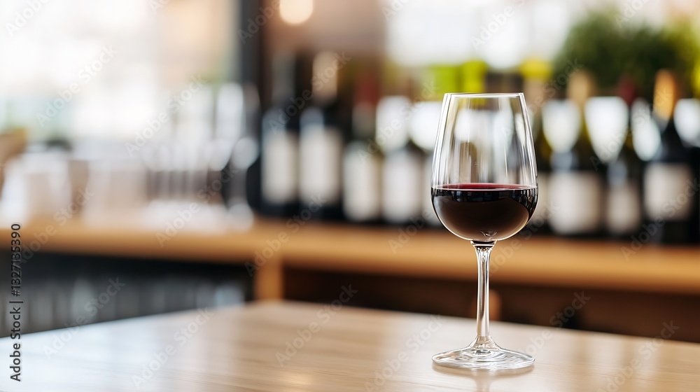 Aufkleber Elegant glass of red wine placed on a wooden table with a background of wine bottles in a stylish bar setting : Generative AI