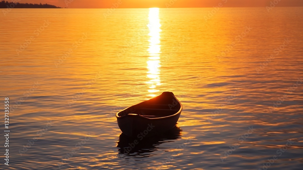 Poster serene sunset scene with a solitary boat floating gently on a calm lake reflecting golden light : ge